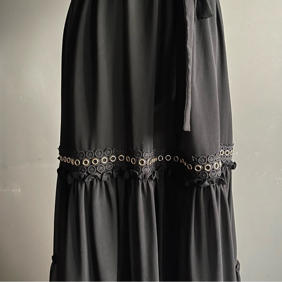 MISA Los Angeles Black Silk Chiffon Tiered Midi Dress Ruffle Grommet S - Picture 2 of 9